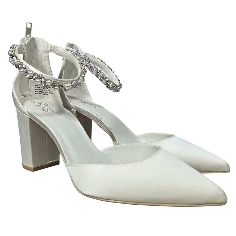 Jewel Badgley Mischka Rissa White Satin Embellished Block Heel Pumps 10M